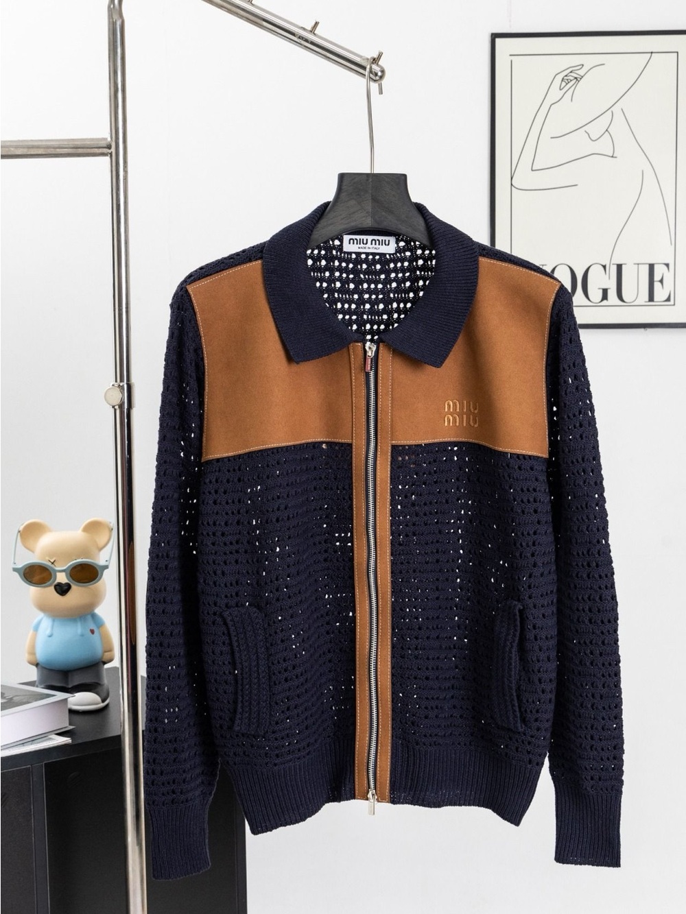 Miu Miu Navy and Brown Open-Knit Zip Cardigan
